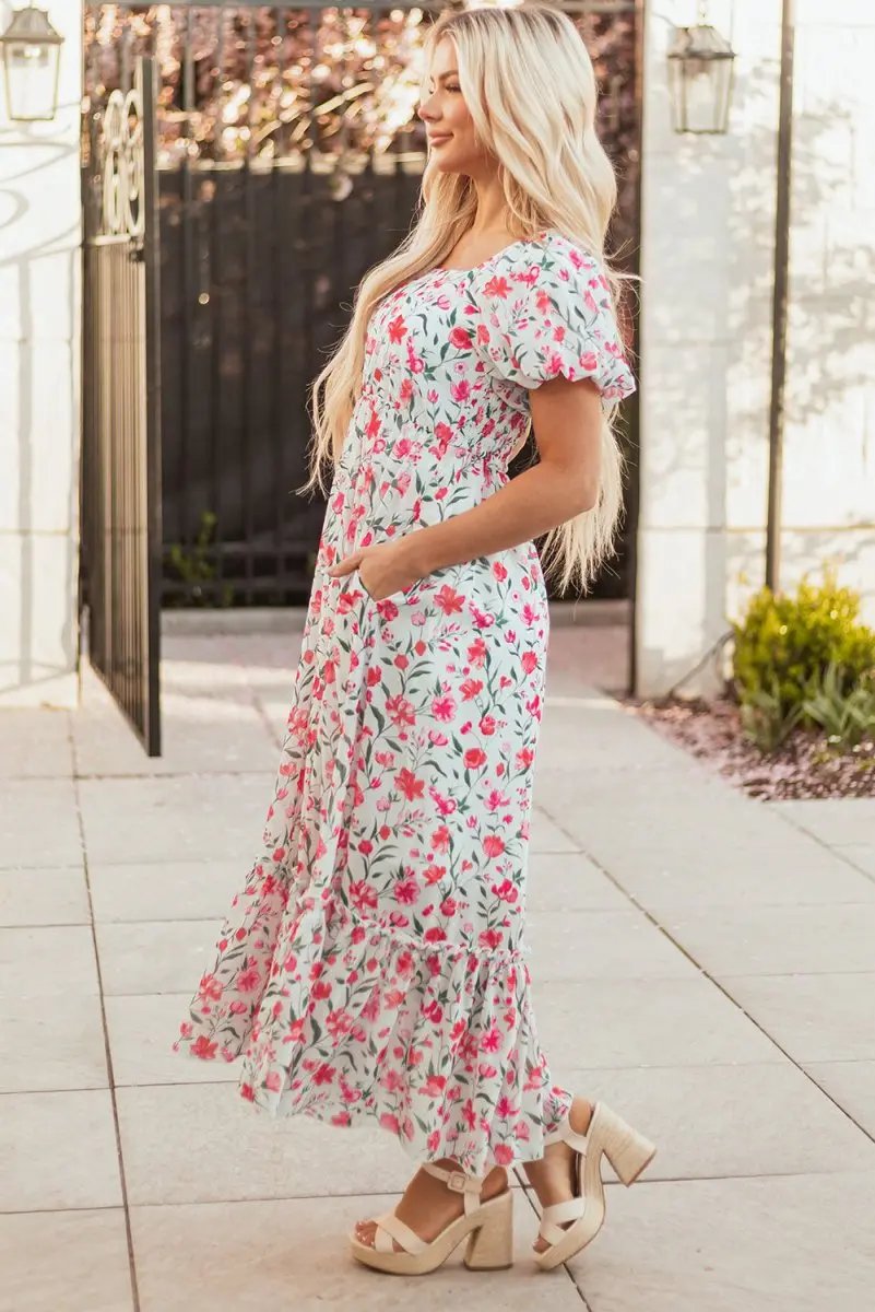 Pink Floral Puff Sleeve Square Neck Empire Waist Maxi Dress - Love Salve